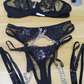Black lacy chain lingerie bikini 3pc set 黑色链条蕾丝3件套三点式内衣 1441