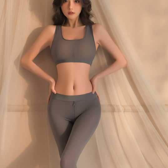 Sporty silky yoga uniform open crotch 冰丝瑜伽可开档制服 1447 (Black/Grey)