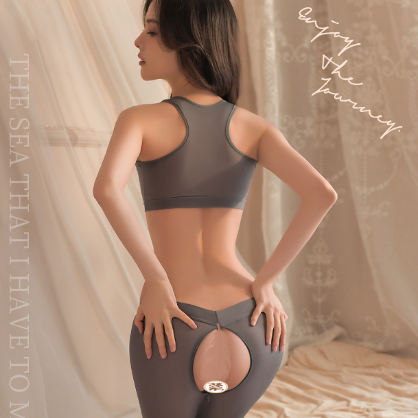 Sporty silky yoga uniform [Open Crotch] 冰丝瑜伽可开档制服 1447 (Black/Grey)