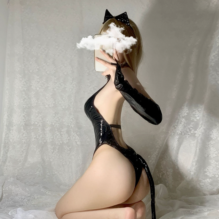 PU leather cat bodysuit costume uniform 皮革猫女紧身制服制服 1338
